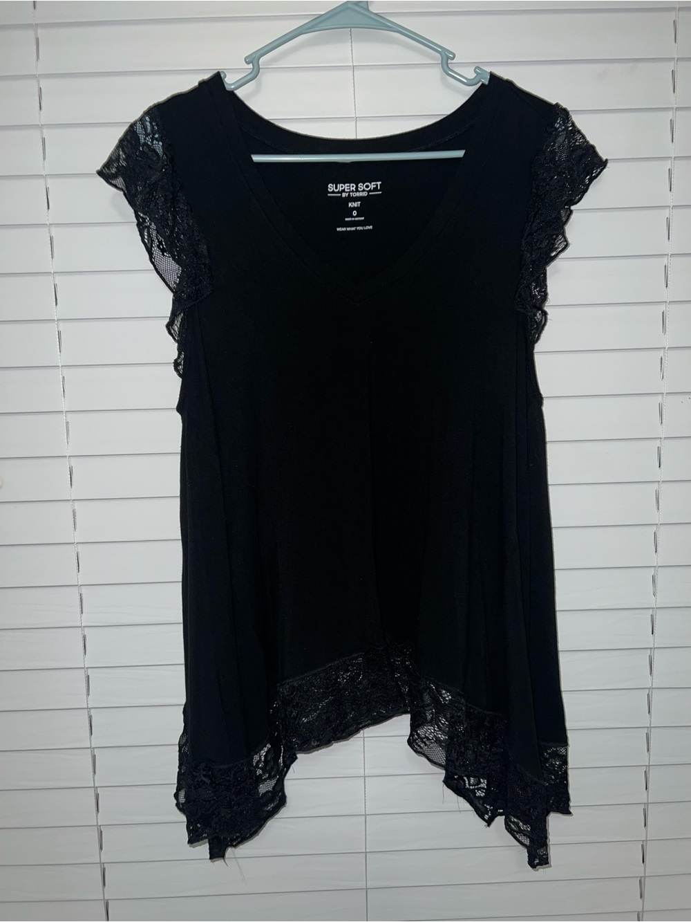 Torrid Black Lace-Trim Asymmetrical V-Neck Blouse
